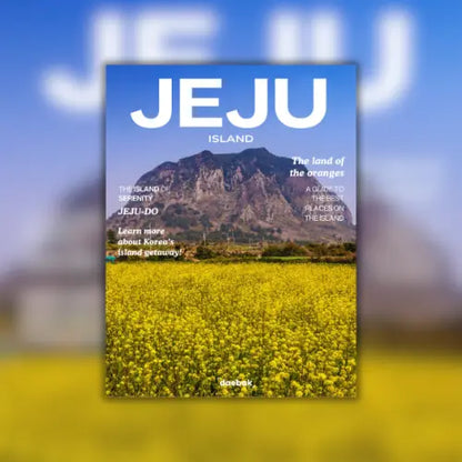 Book cover of 'Jeju Island' with a mountain and yellow flowers in the background