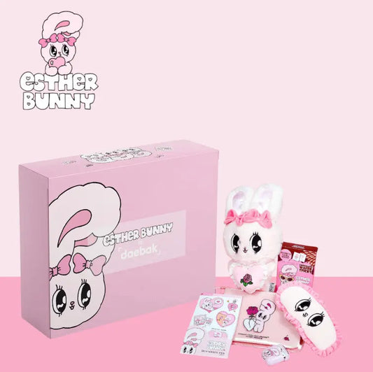 Esther Bunny is daebak collab box featuring limited-edition K-beauty items and cute collectibles in a pastel-themed packaging.
