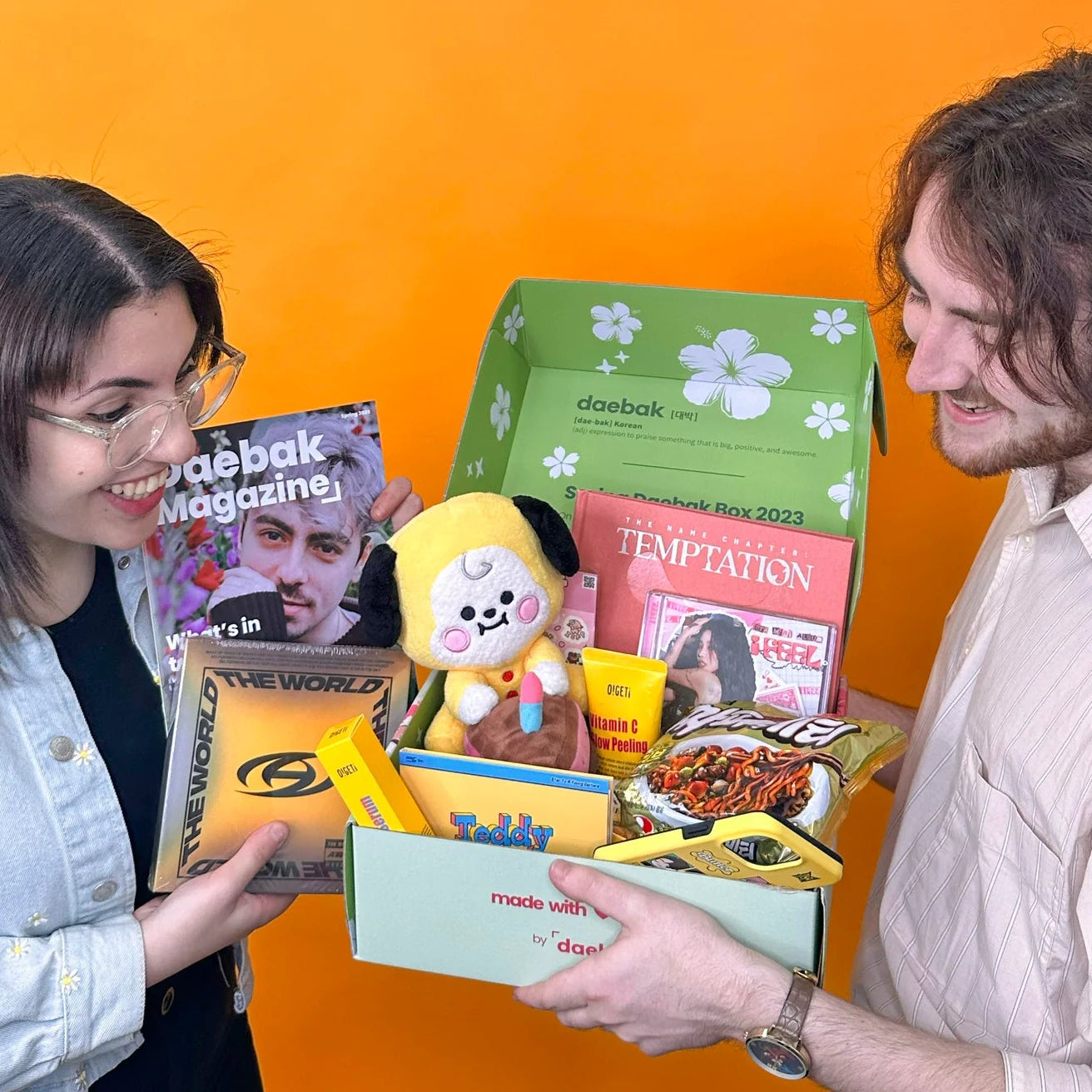 DaebakSpring DaebakBox with Korean snacks, candies, and surprises in colorful packaging, designed for spring celebrations.