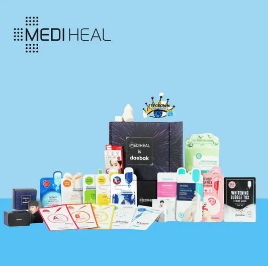 MEDIHEAL is daebak collab box featuring Korean skincare essentials like sheet masks and serums in a limited-edition themed packaging.