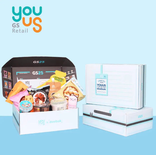 YOUUS is daebak collab box featuring popular Korean snacks, instant meals, and drinks from GS25.
